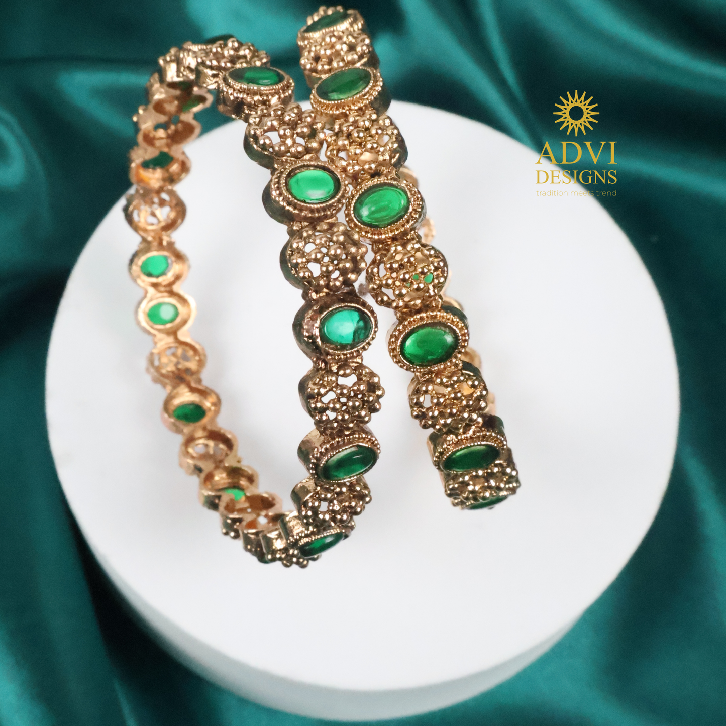 Green Kemp Stone Bangles with Intricate Gold Detailing – Traditional Jewellery
