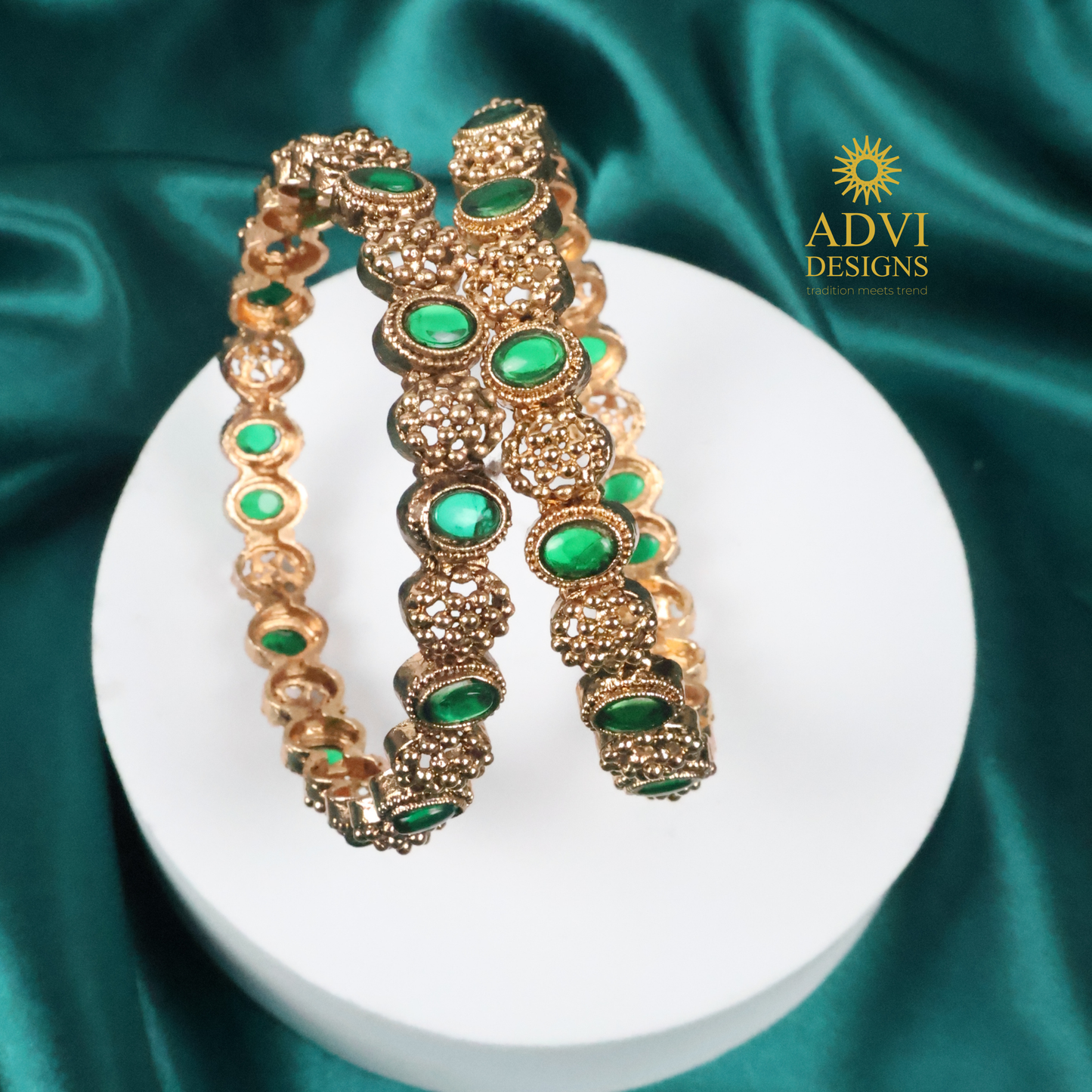 Green Kemp Stone Bangles with Intricate Gold Detailing – Traditional Jewellery