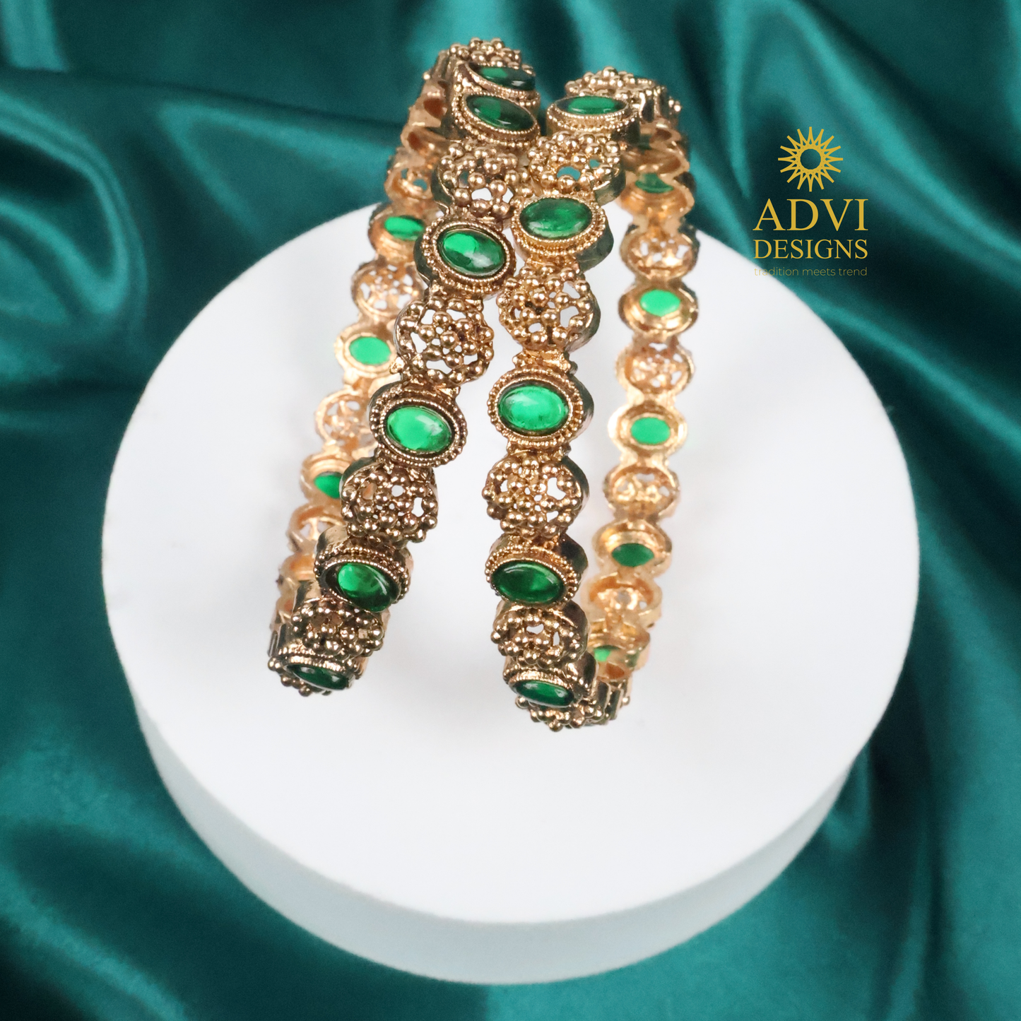 Green Kemp Stone Bangles with Intricate Gold Detailing – Traditional Jewellery