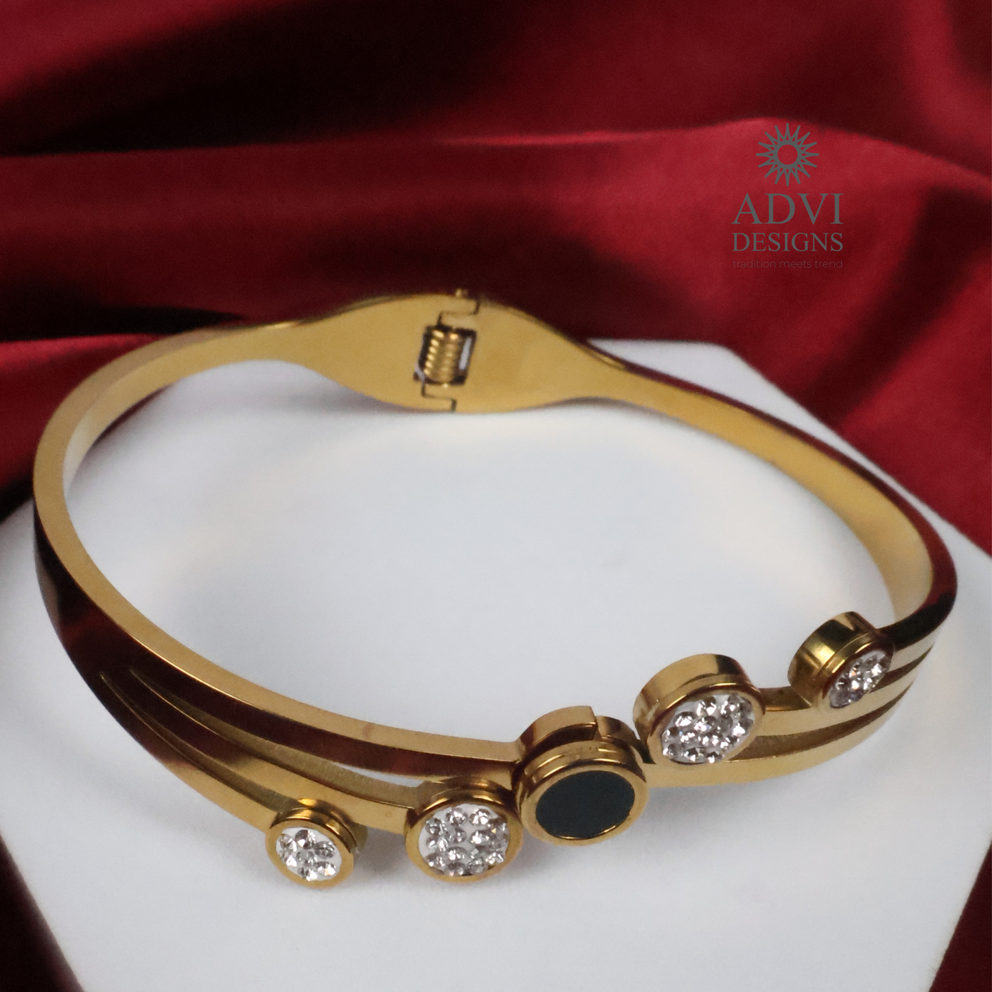 Anti-Tarnish Gold-Tone Bangle with Black Accent & AD Stone Detailing
