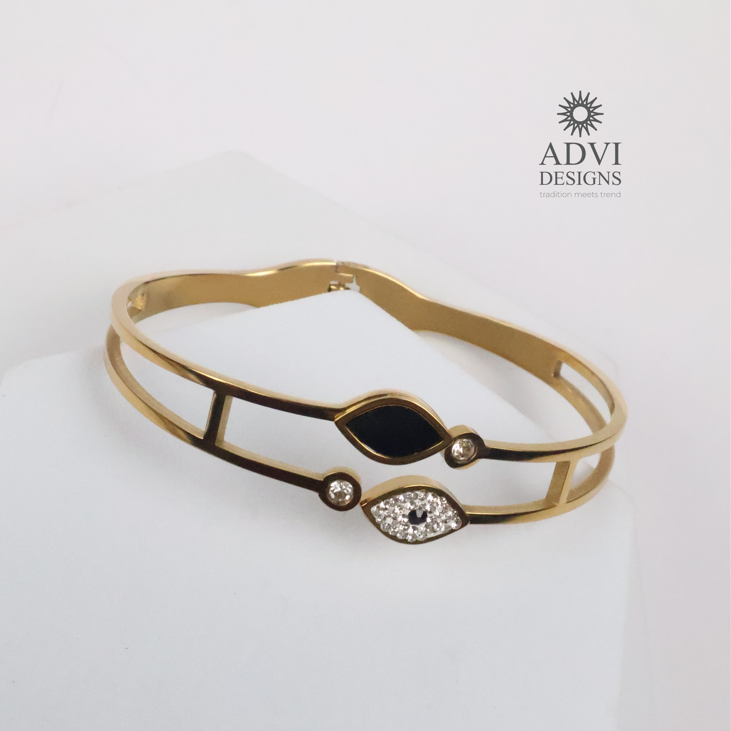 Anti-Tarnish Gold-Tone Open Bangle with Black & Crystal Accents