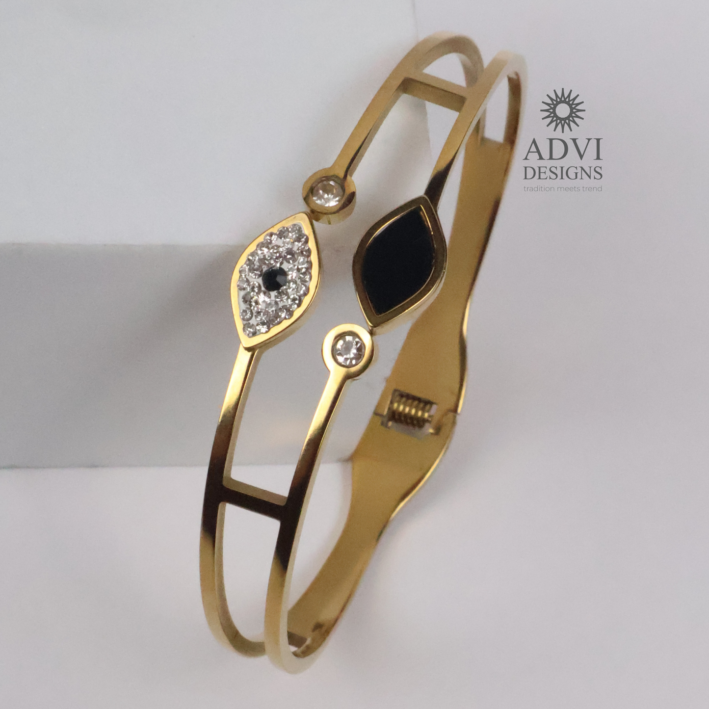 Anti-Tarnish Gold-Tone Open Bangle with Black & Crystal Accents
