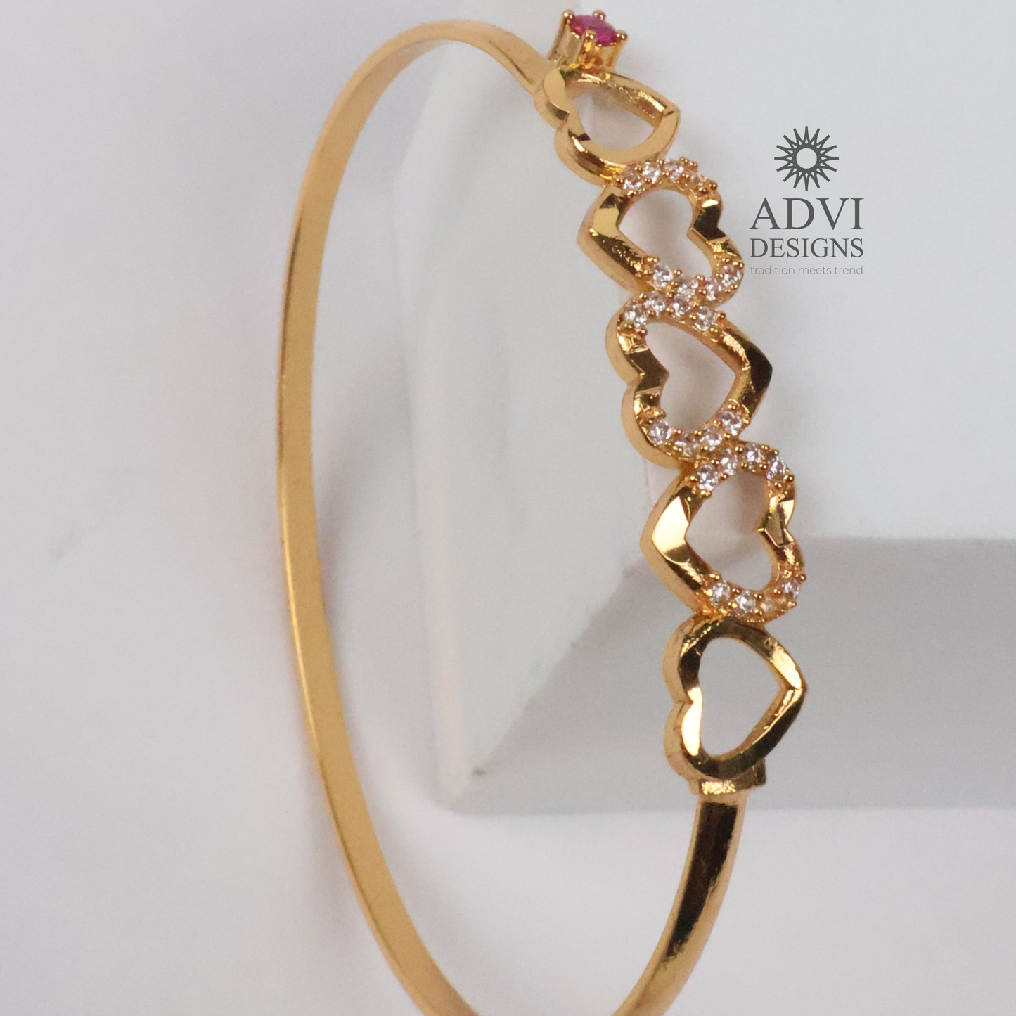 Gold-Tone Heart Design Bangle with Clear Stones & Pink Accent