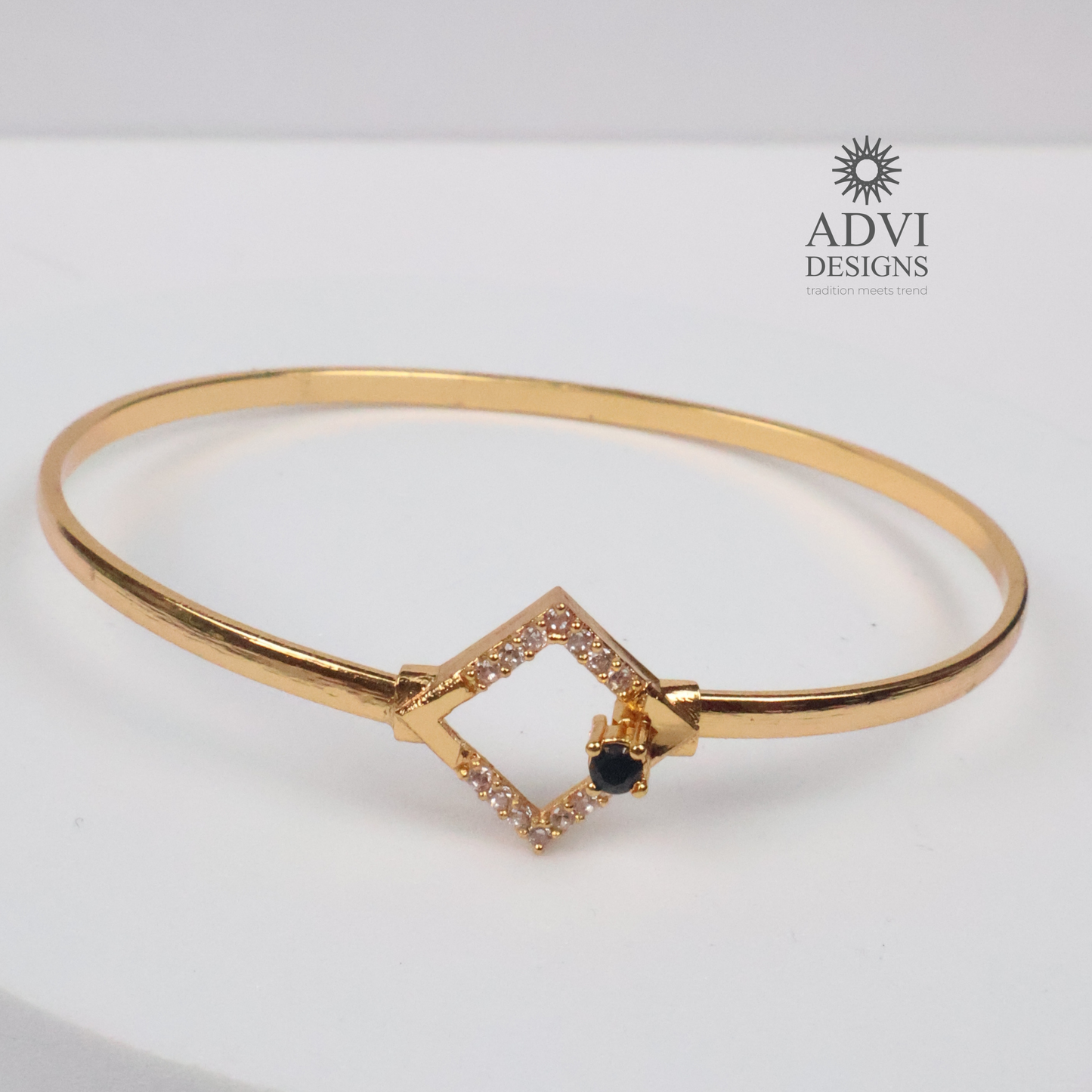 Gold-Tone Geometric Square Bangle with Black & Clear Stone Detailing