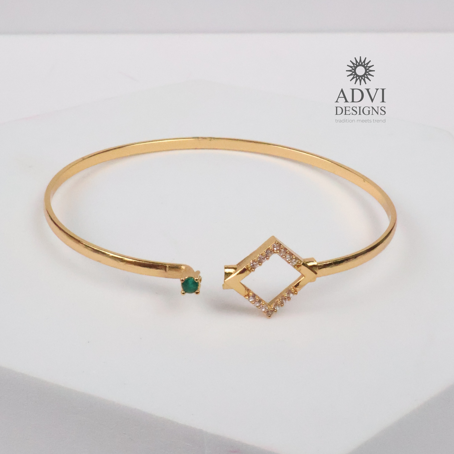 Gold-Tone Square Frame Bangle with Emerald Green Stone & Crystal Accents