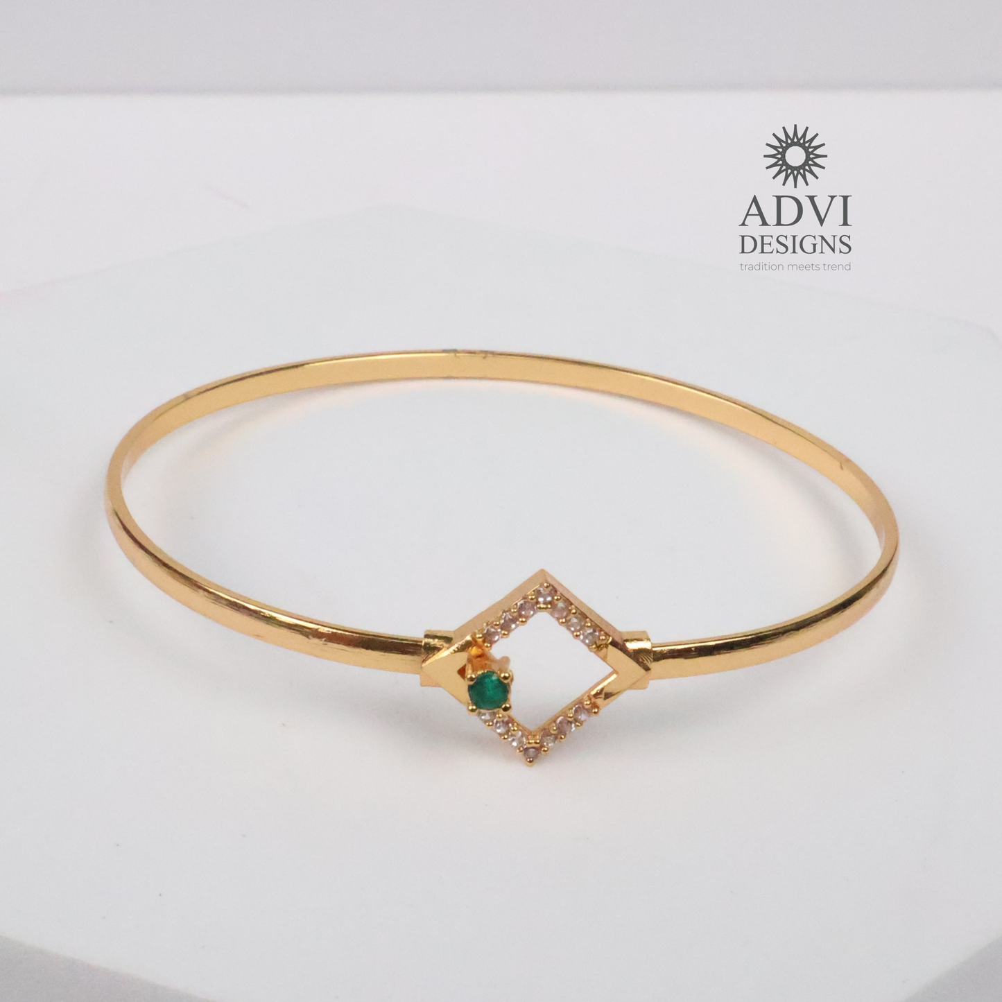 Gold-Tone Square Frame Bangle with Emerald Green Stone & Crystal Accents