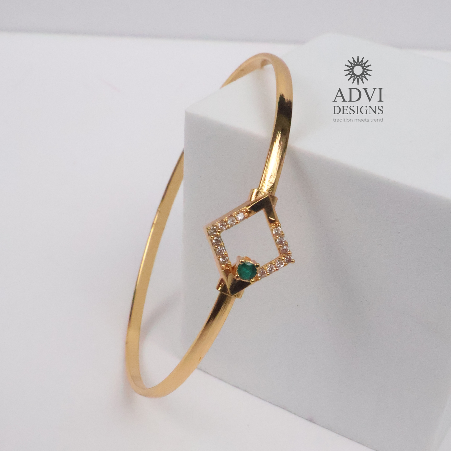 Gold-Tone Square Frame Bangle with Emerald Green Stone & Crystal Accents