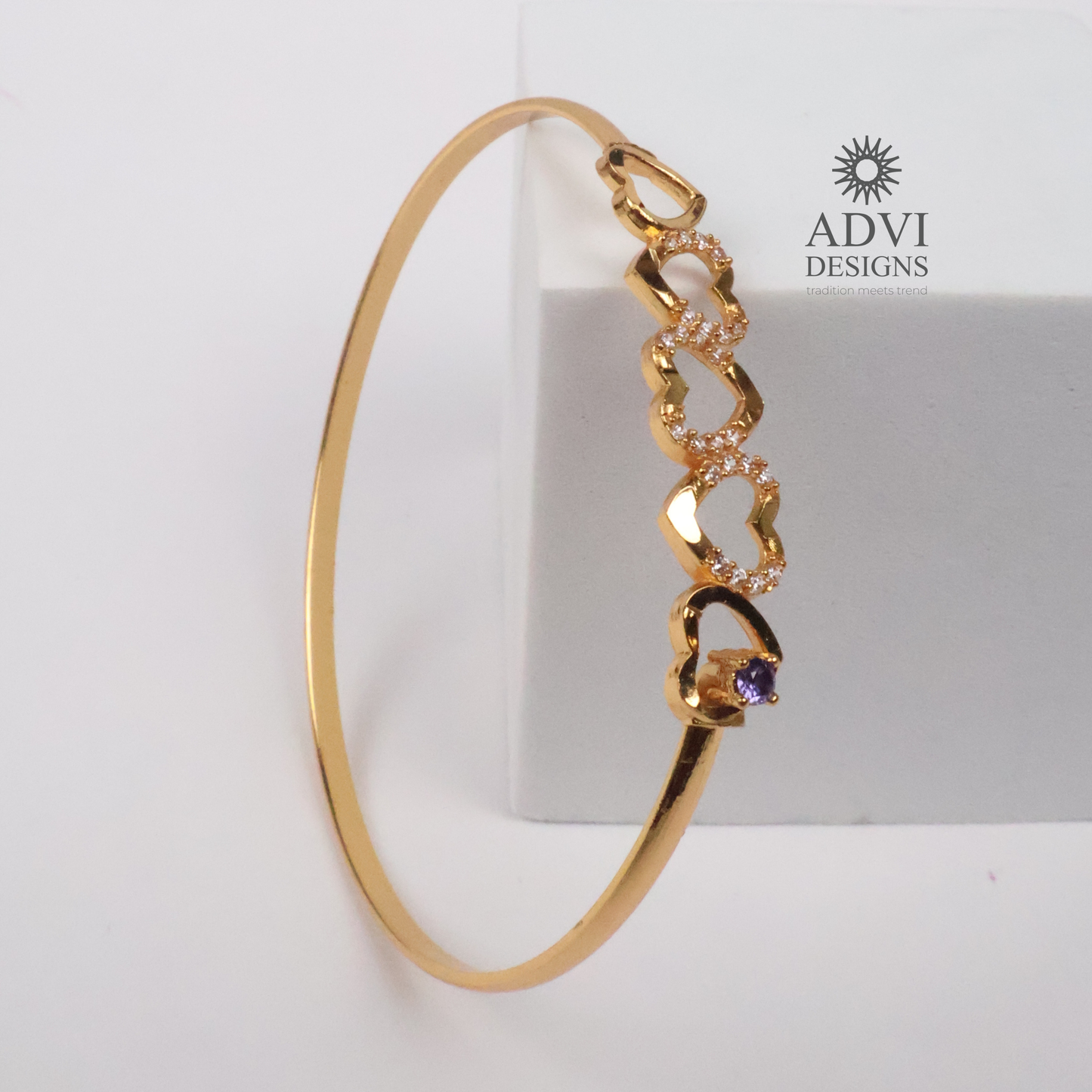 Gold-Tone Heart Link Bangle with Purple Stone & Crystal Accents