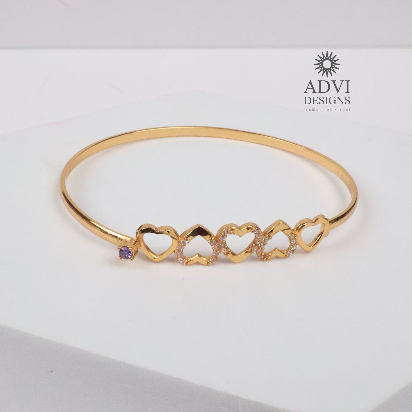 Gold-Tone Heart Link Bangle with Purple Stone & Crystal Accents