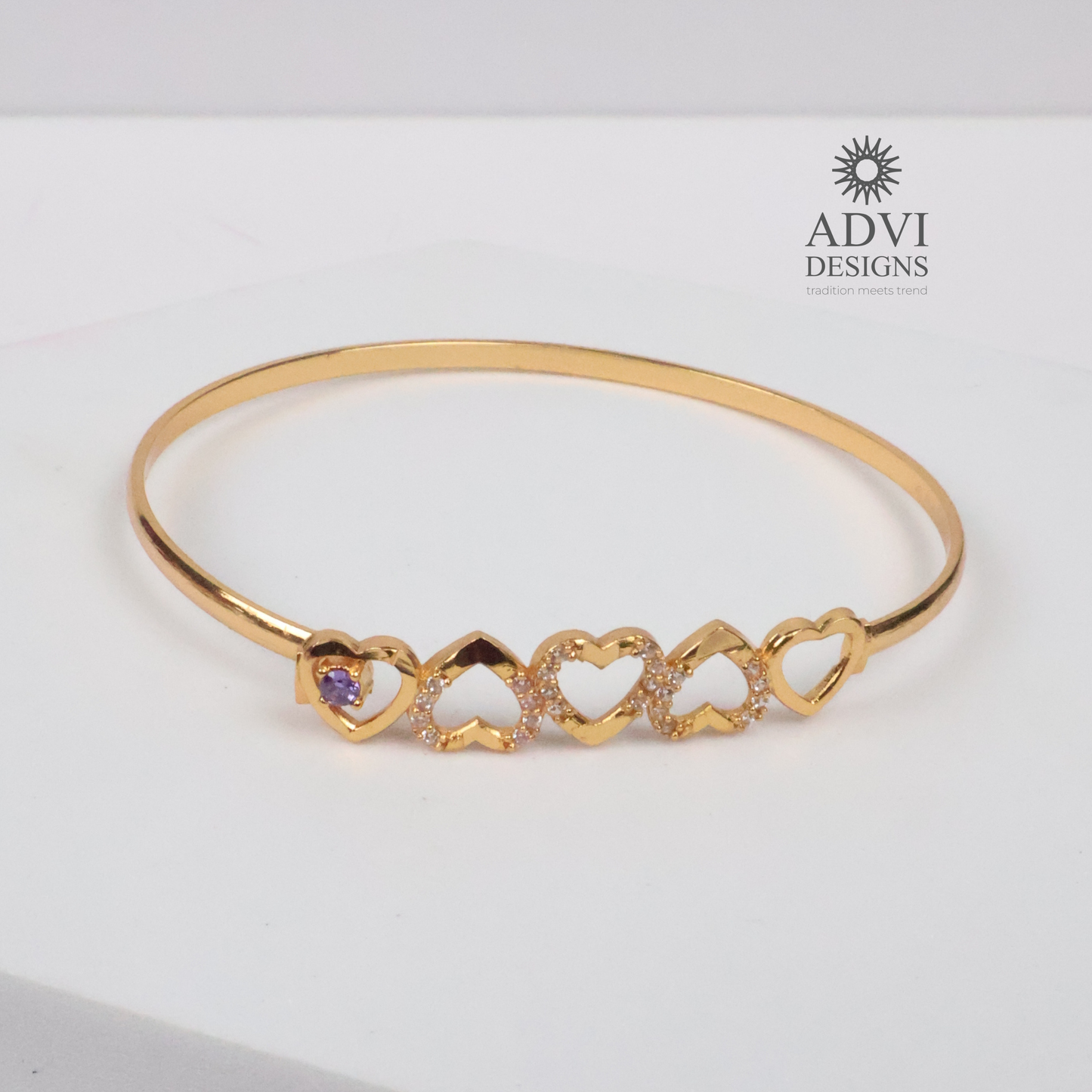 Gold-Tone Heart Link Bangle with Purple Stone & Crystal Accents