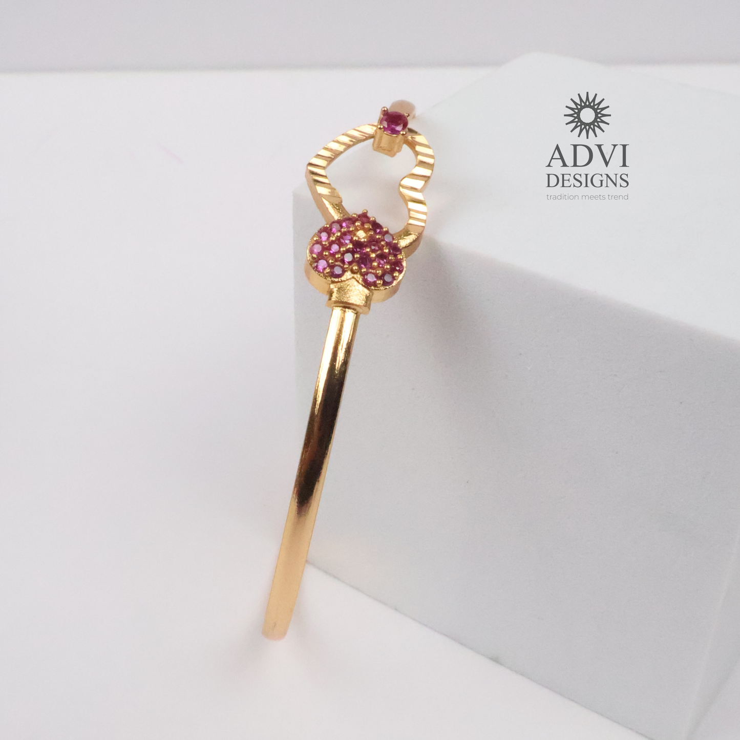 Gold-Tone Heart Bangle with Pink Stone & Floral Crystal Cluster