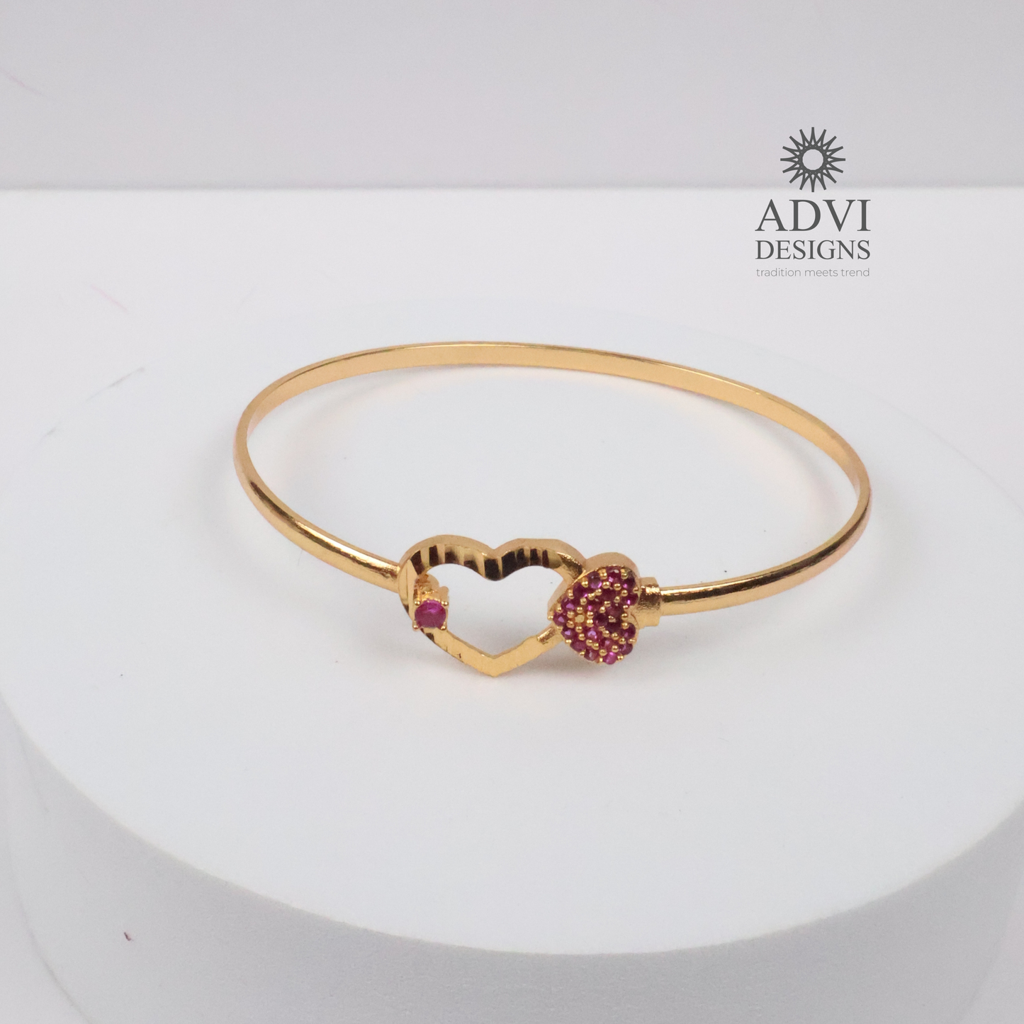 Gold-Tone Heart Bangle with Pink Stone & Floral Crystal Cluster