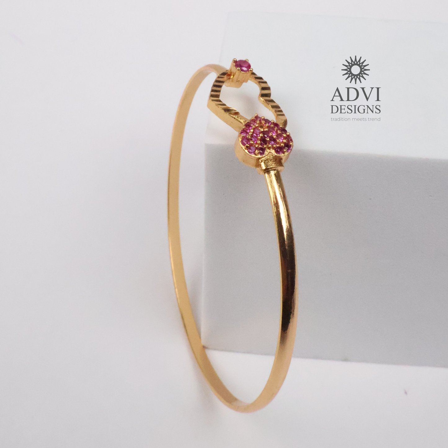 Gold-Tone Heart Bangle with Pink Stone & Floral Crystal Cluster