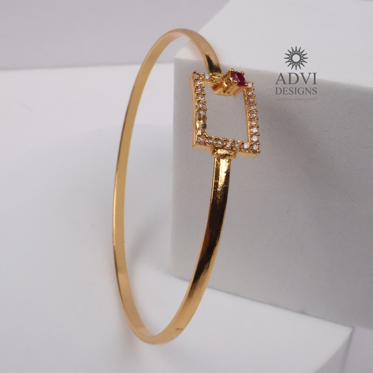 Gold-Tone Geometric Square Bangle with Ruby-Colored Stone & CZ Detailing