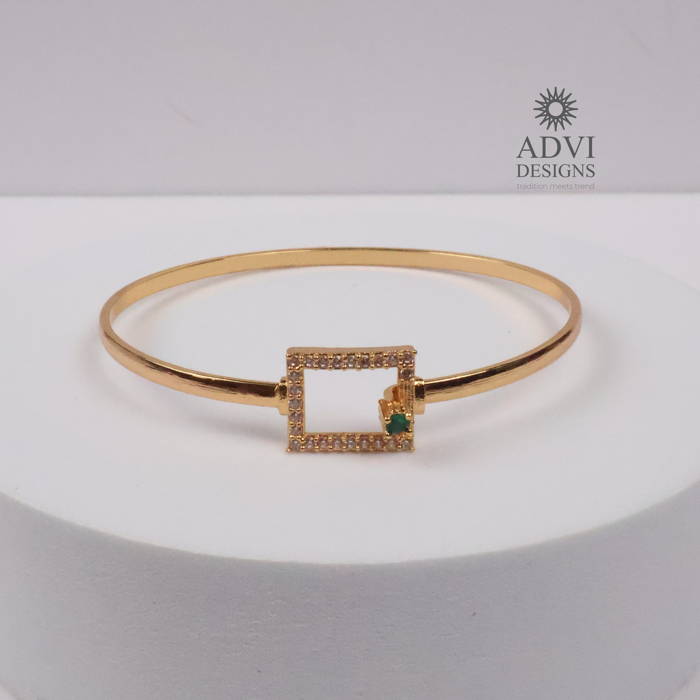 Gold-Tone Geometric Bangle with Green Stone & Crystal Detailing