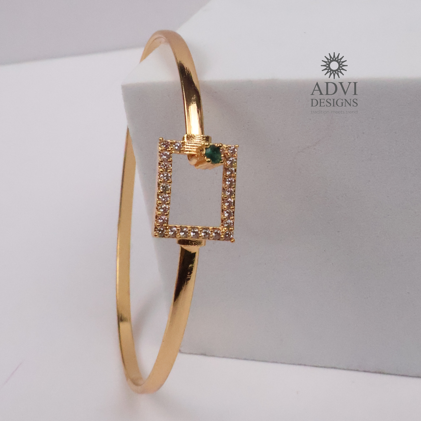 Gold-Tone Geometric Bangle with Green Stone & Crystal Detailing