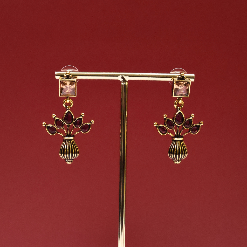 Antique Gold Floral Vase Drop Earrings with Purple Stones
