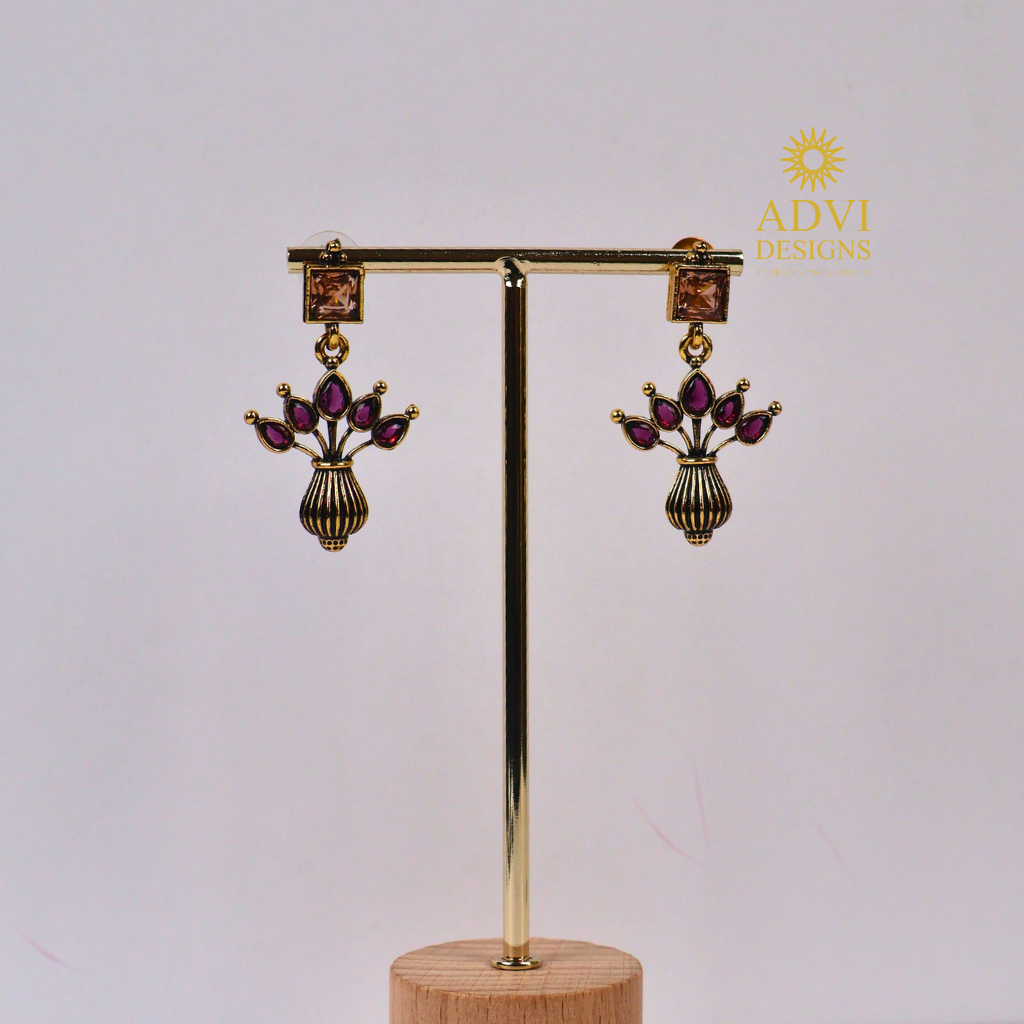 Antique Gold Floral Vase Drop Earrings with Purple Stones