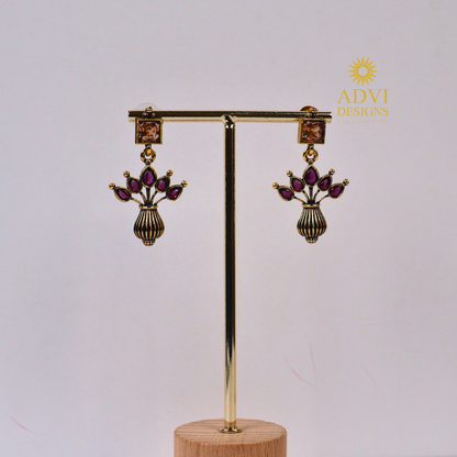 Antique Gold Floral Vase Drop Earrings with Purple Stones