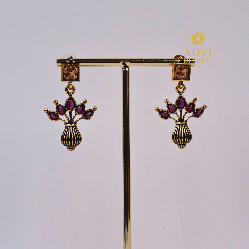 Antique Gold Floral Vase Drop Earrings with Purple Stones