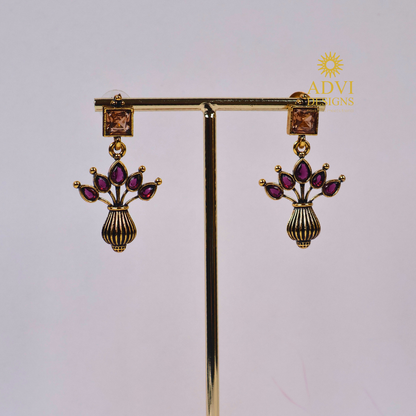 Antique Gold Floral Vase Drop Earrings with Purple Stones