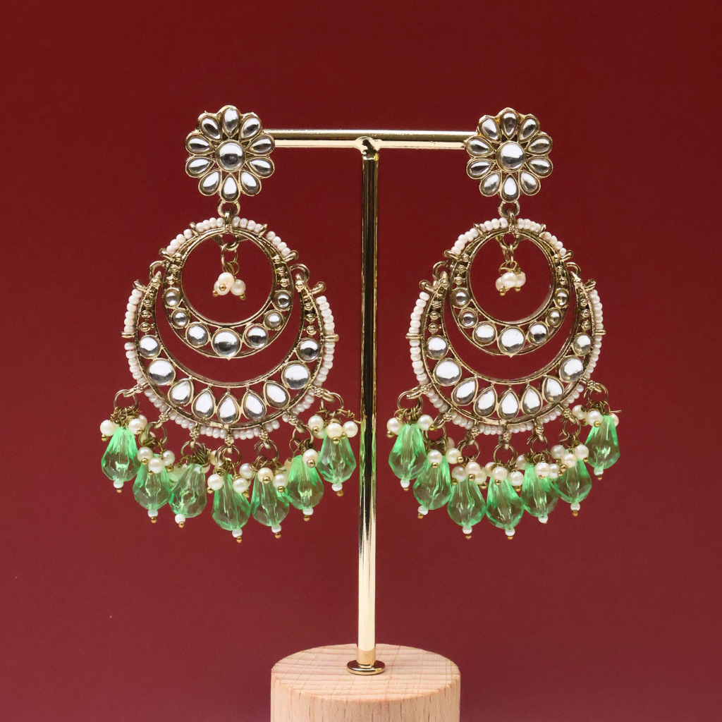 Antique Gold Kundan Chandbali Earrings with Green Crystal Drops