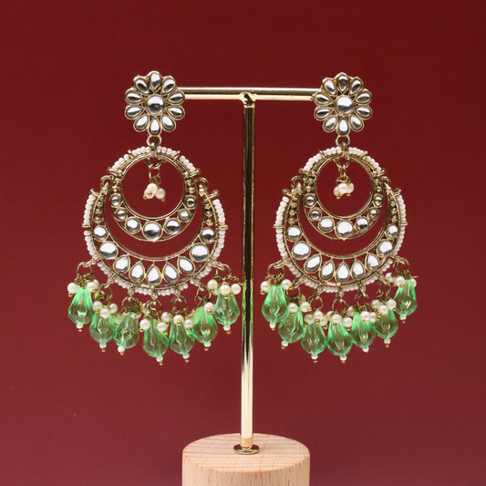 Antique Gold Kundan Chandbali Earrings with Green Crystal Drops
