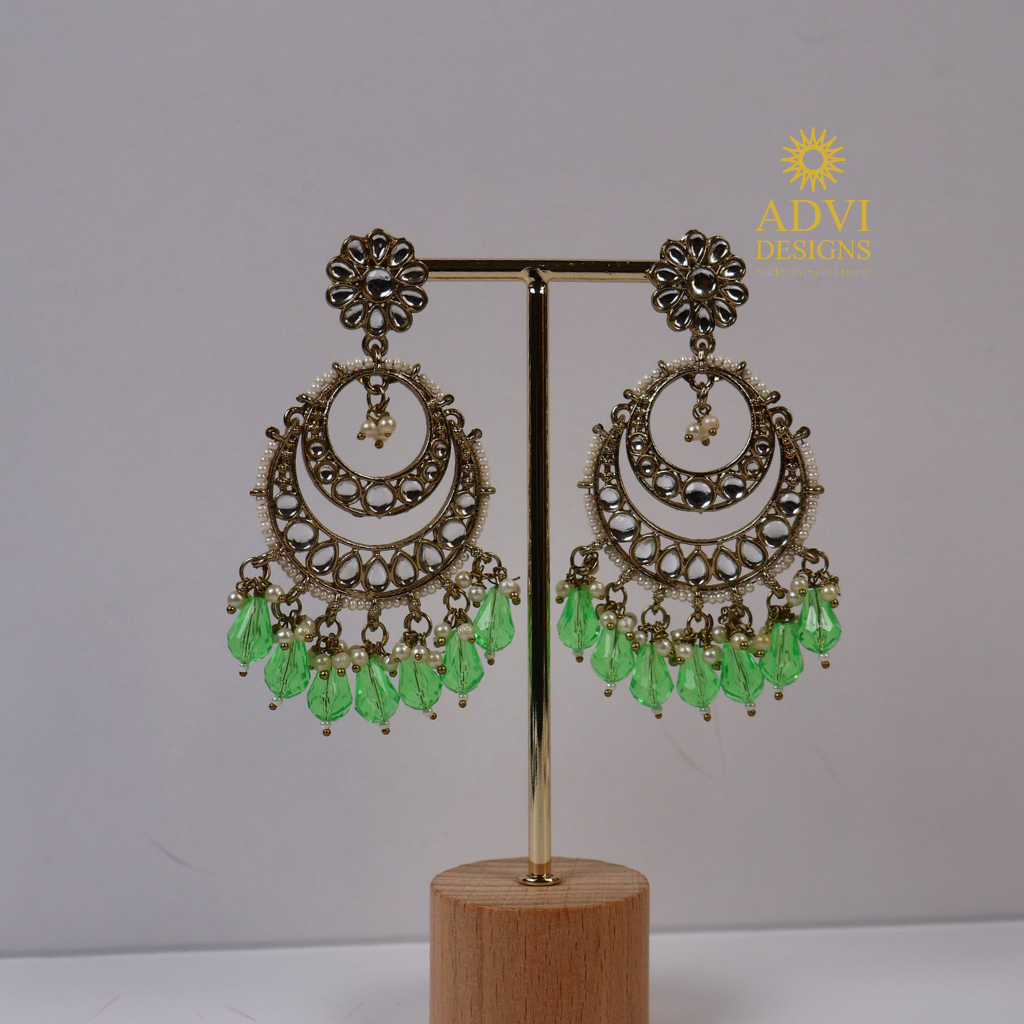 Antique Gold Kundan Chandbali Earrings with Green Crystal Drops