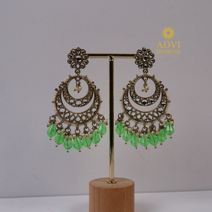 Antique Gold Kundan Chandbali Earrings with Green Crystal Drops