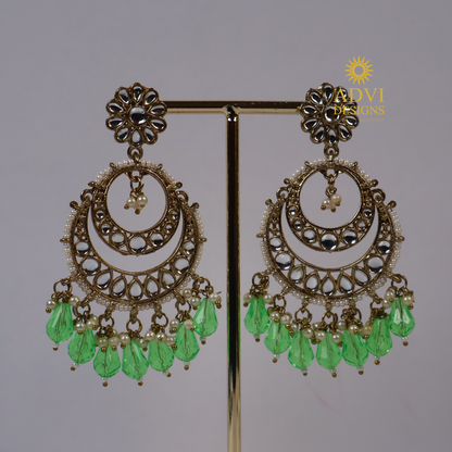 Antique Gold Kundan Chandbali Earrings with Green Crystal Drops