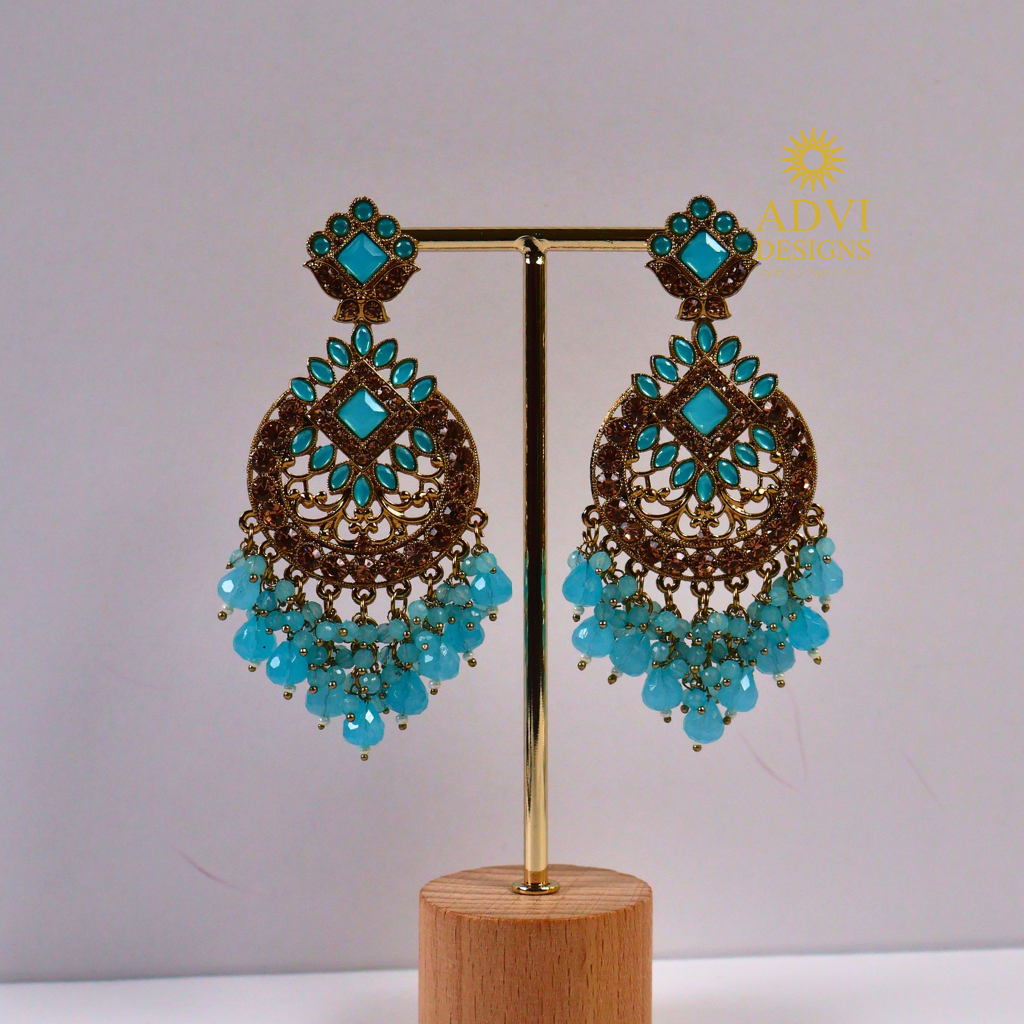 Antique Gold Turquoise Statement Chandbali Earrings with Blue Crystal Tassels