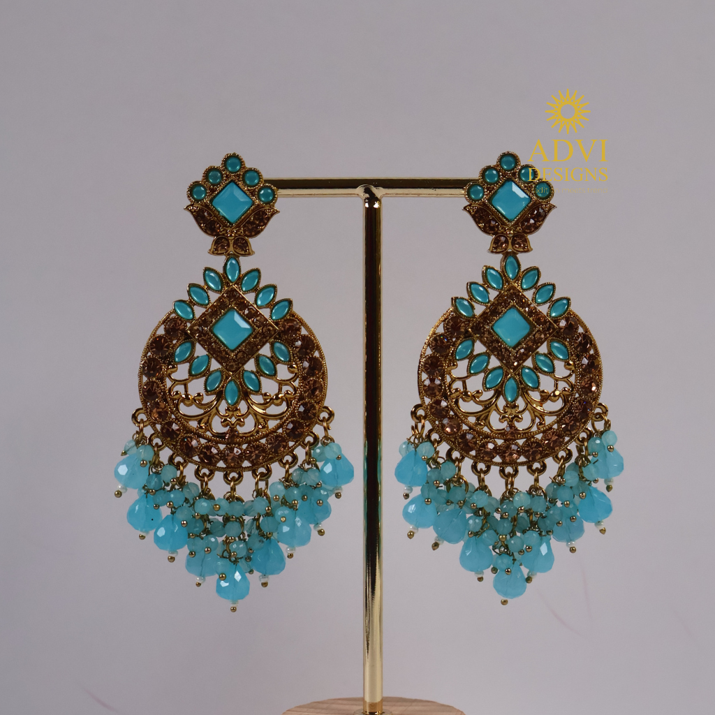 Antique Gold Turquoise Statement Chandbali Earrings with Blue Crystal Tassels