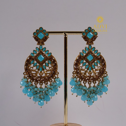 Antique Gold Turquoise Statement Chandbali Earrings with Blue Crystal Tassels