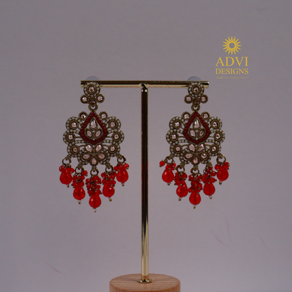 Antique Gold Mirror Kundan Floral Earrings with Red Crystal Drops