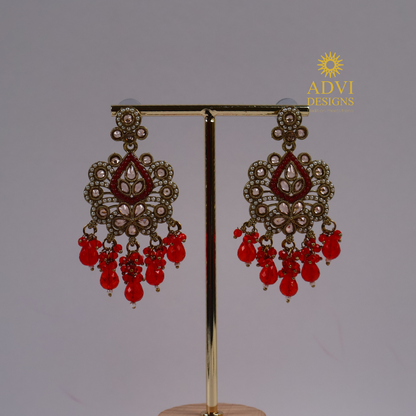 Antique Gold Mirror Kundan Floral Earrings with Red Crystal Drops