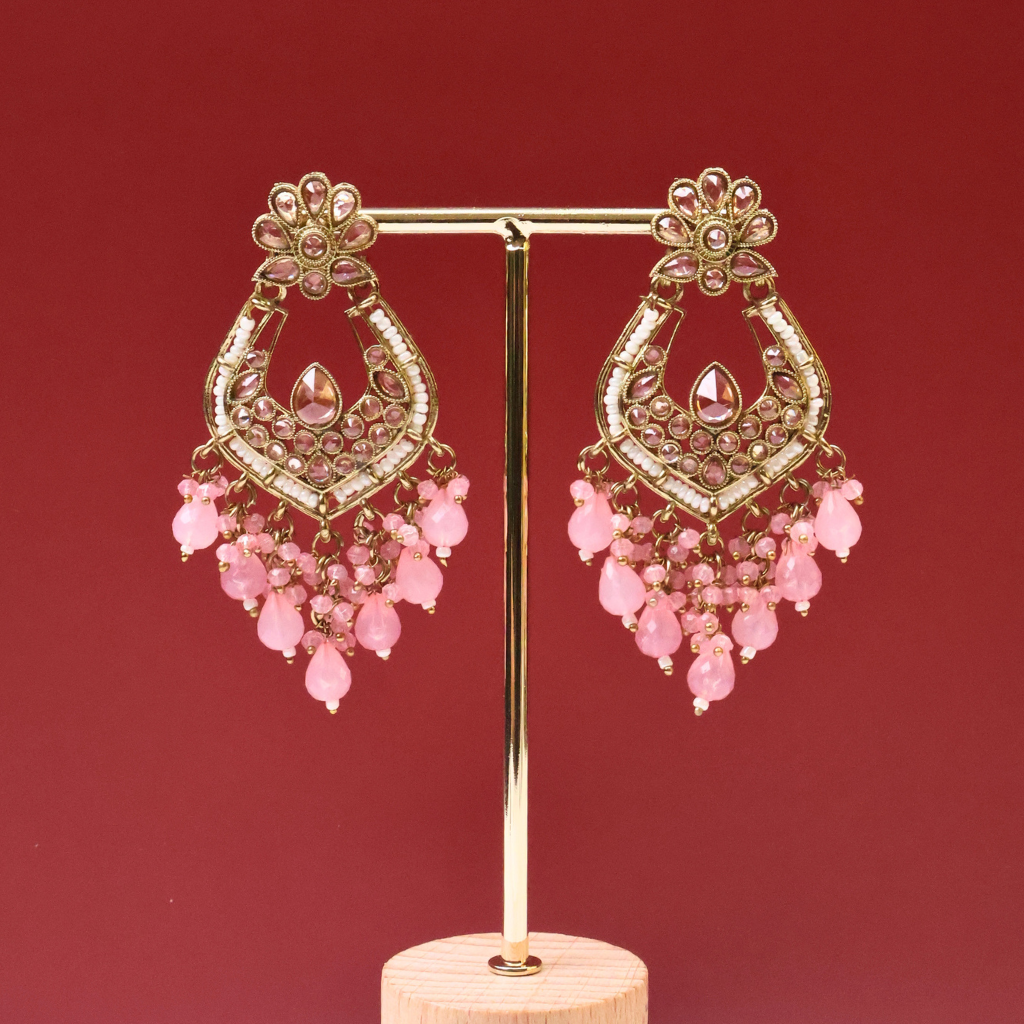 Antique Gold Mirror Kundan Earrings with Blush Pink Crystal Tassels