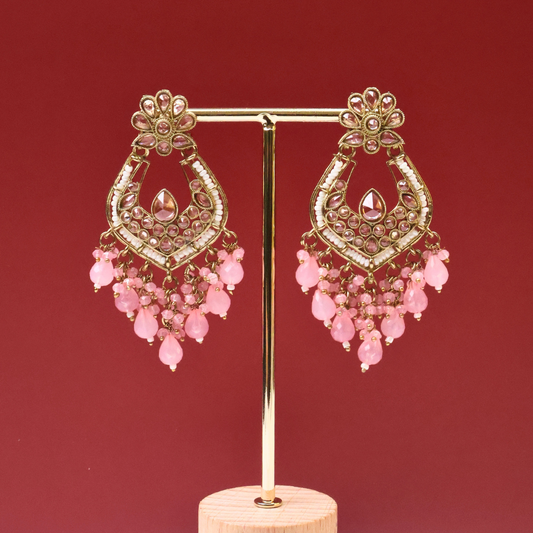 Antique Gold Mirror Kundan Earrings with Blush Pink Crystal Tassels