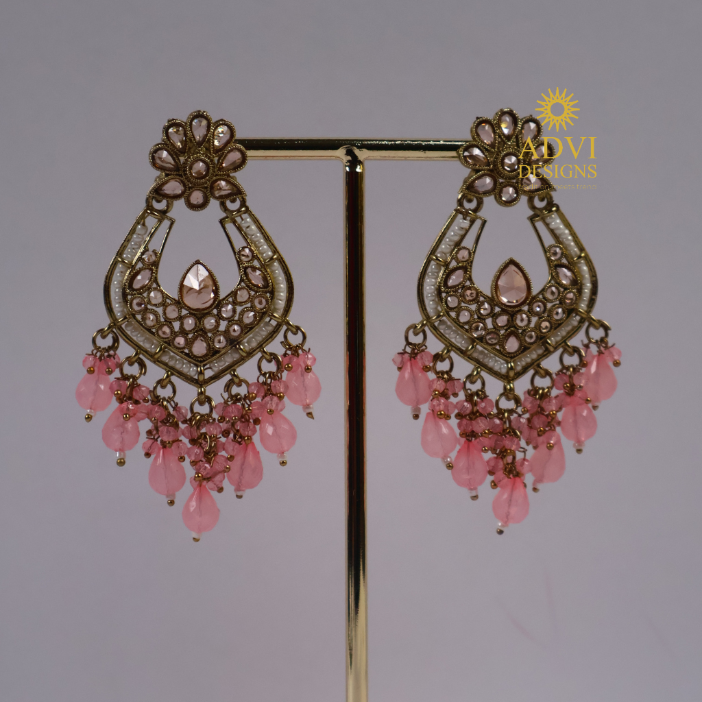 Antique Gold Mirror Kundan Earrings with Blush Pink Crystal Tassels