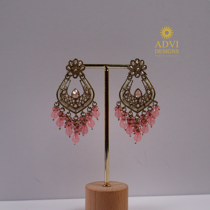 Antique Gold Mirror Kundan Earrings with Blush Pink Crystal Tassels
