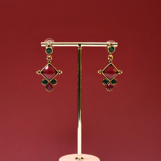 Antique Gold Geometric Earrings with Ruby Pink & Emerald Green Stones