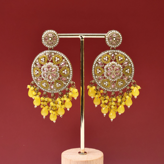 Antique Gold Floral Mirror Kundan Earrings with Yellow Crystal Tassels