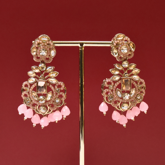 Antique Gold Floral Crystal Earrings with Blush Pink Bead Drops