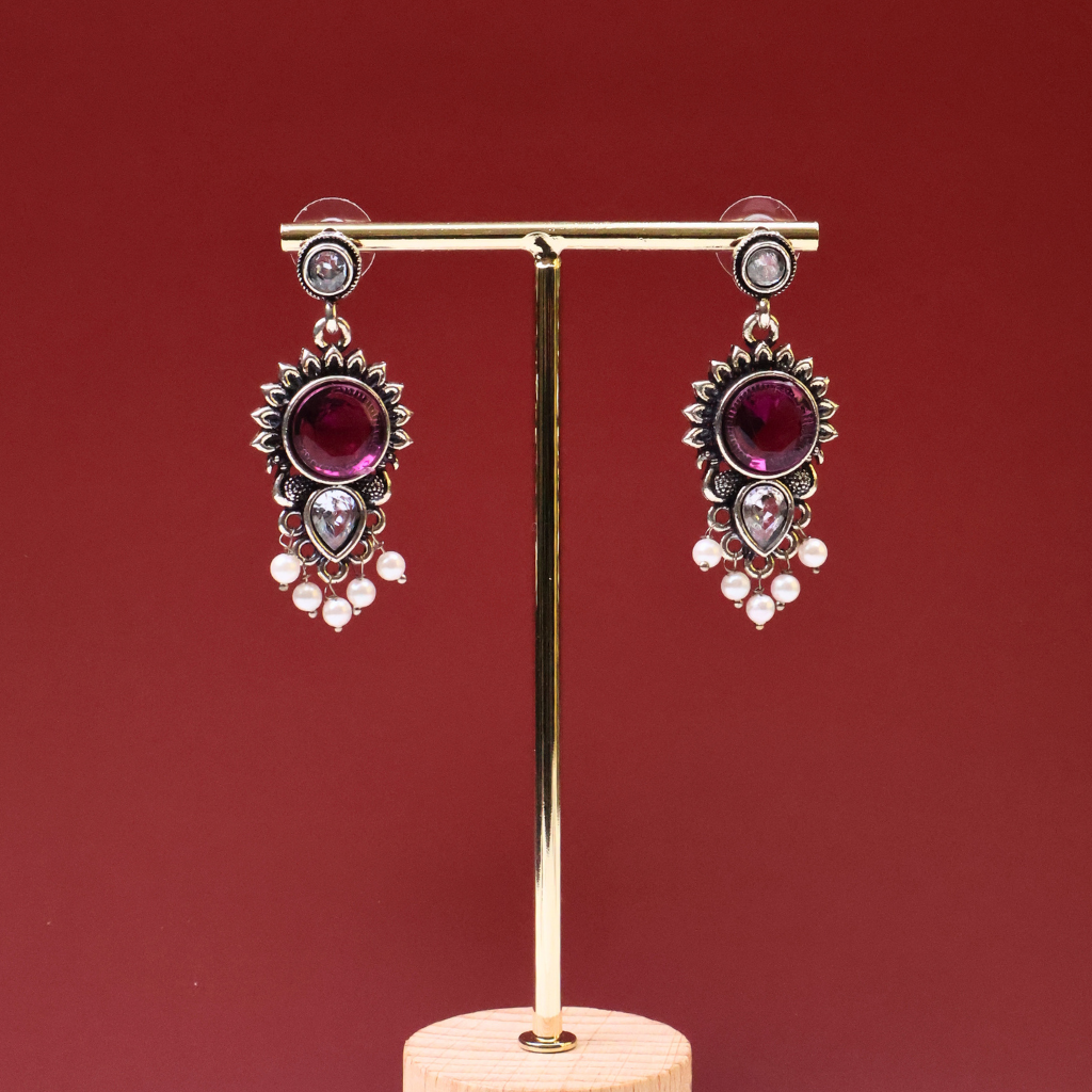 Antique Silver Ruby Stone Earrings with Pearl Drops