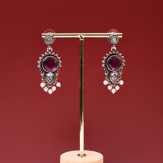 Antique Silver Ruby Stone Earrings with Pearl Drops