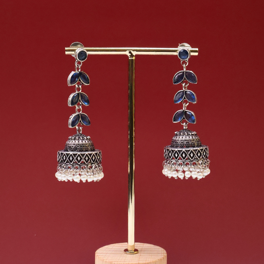 Antique Silver Blue Stone Jhumka Earrings with Pearl Drops