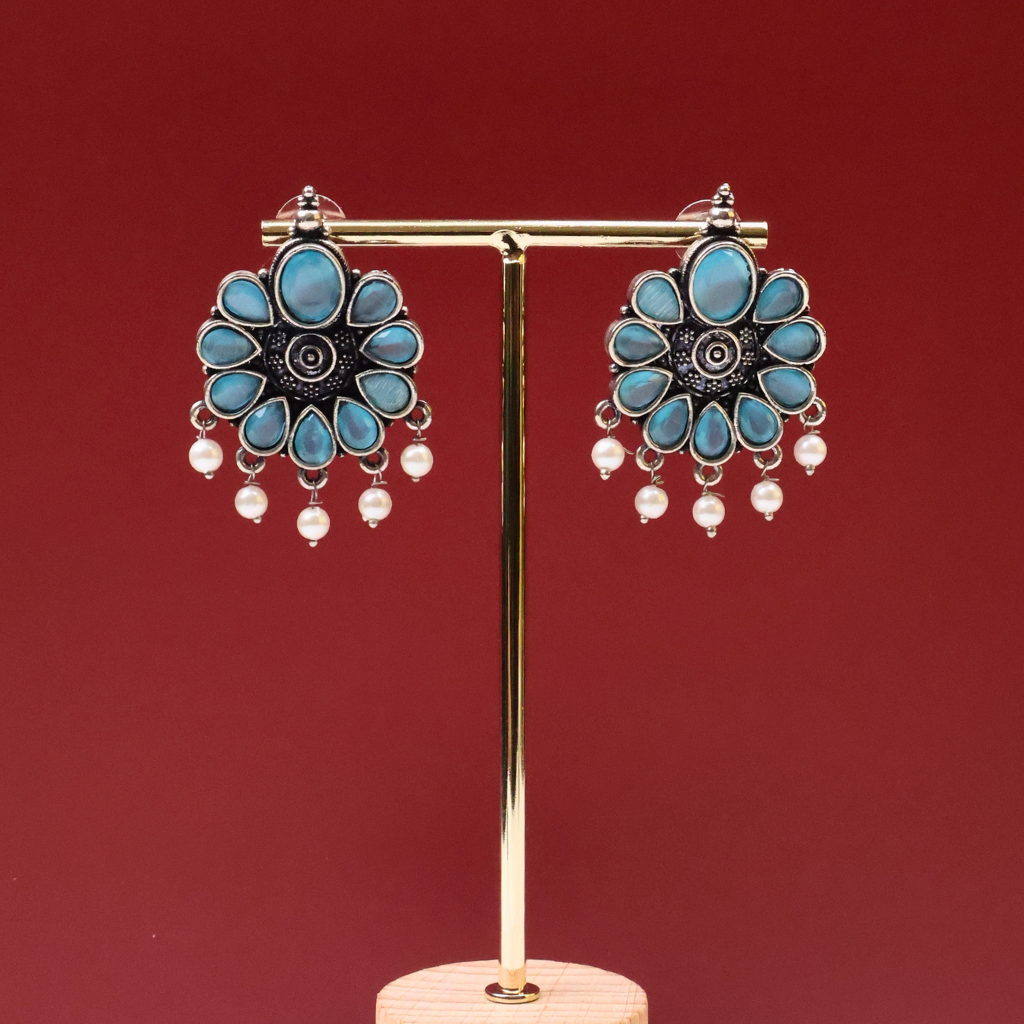 Antique Silver Turquoise Floral Stud Earrings with Pearl Drops