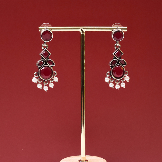 Antique Silver Ruby Stone Drop Earrings with Pearl Tassels