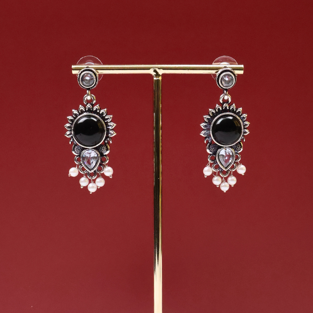 Antique Silver Black Onyx Earrings with Pearl Drops