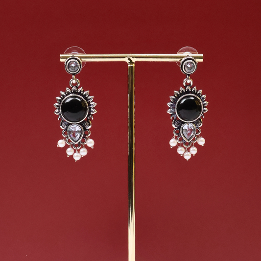 Antique Silver Black Onyx Earrings with Pearl Drops