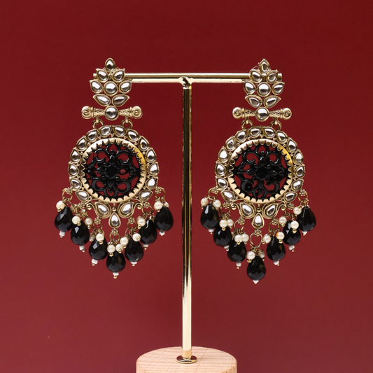 Antique Gold Kundan Chandbali Earrings with Black Crystal Drops